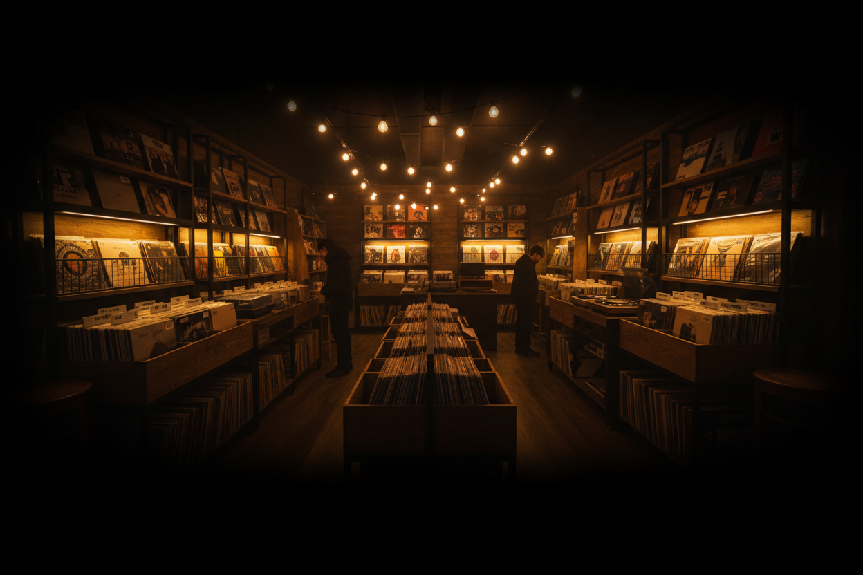 Hero banner with dark record store vibe